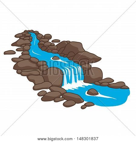 Blue river flowing down stream across a stones. Isolated on white background. Vector illustration.