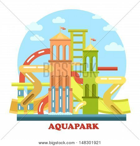 Aquapark outdoor exterior view panorama. Waterpark with pool and pipes for recreation and leisure, holiday swim for fun and amusement. Perfect for playground and modern construction theme