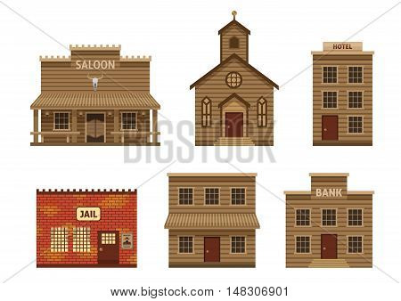 Wild west houses set with residential building and church hotel and saloon stone jail isolated vector illustration