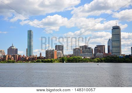 Boston Back Bay Skyline John Hancock Tower and Prudential Center, viewed from Cambridge, Massachusetts, USA
