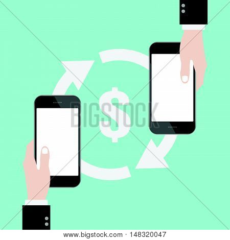Money transfer sign with hand and smart phone blank white screen. online shopping. mobile banking. Flat design business financial online marketing banking commerce vector concept cartoon illustration.
