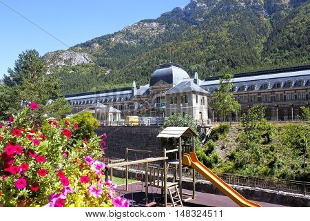 Train Station In Canfranc In Front Of A Children Park, Spain