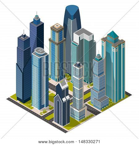 Isometric city, megapolis concept office buildings, skyscraper, street. Vector 3d top view