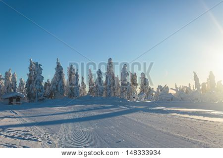 Beautiful Cold Mountain View Of Ski Resort, Sunny Winter Day With Slope, Piste And Ski Lift