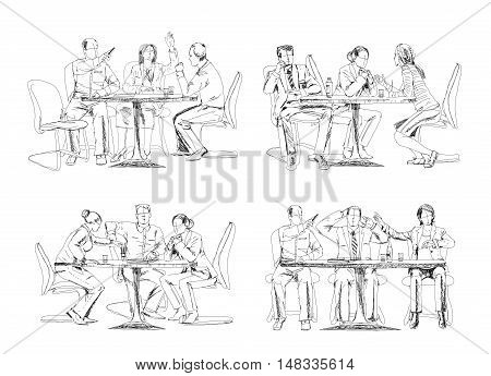 Silhouettes of successful business people working on meeting. Sketch