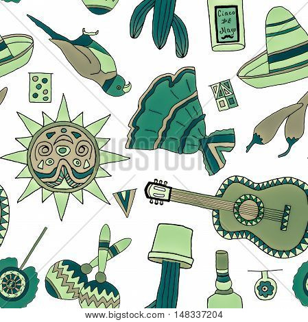 Seamless pattern with hand drawn mexican elements. Perfect background for your design. Travel to Mexico texture.