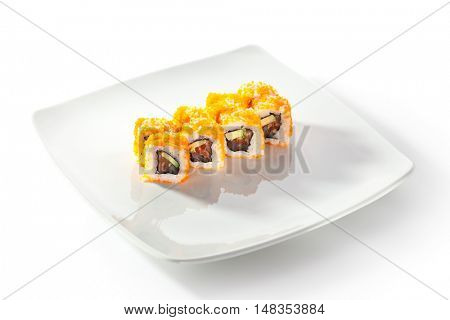 Maki Sushi with Masago  - Roll made of Fresh Raw Salmon, Avocado inside. Masago (smelt roe) outside