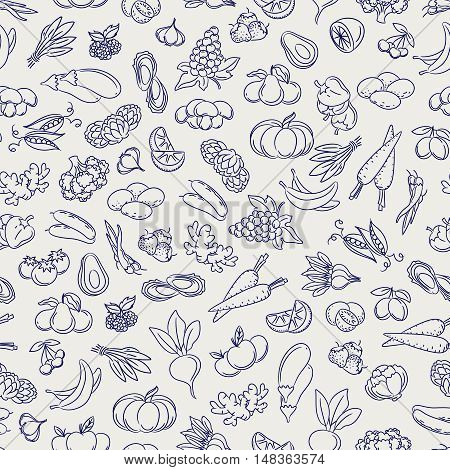 Fruits and vegetables seamless pattern. Food sketch style vectorbackground