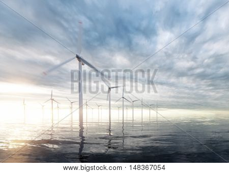 Offshore wind power plants with sunset stormy sky in background. 3d rendering.