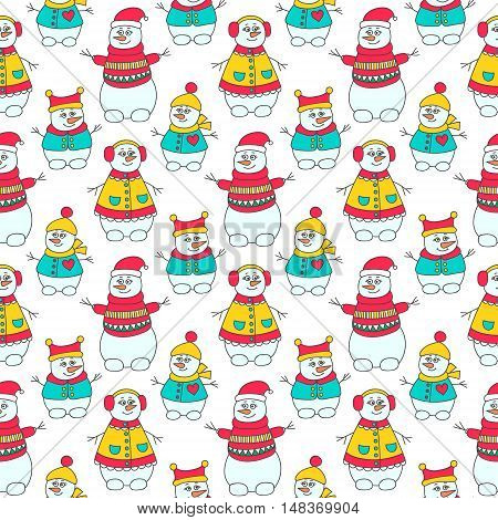 Snoman seamless pattern. Hand drawn doodle snowmen family. Bright colors - red yellow green and white.