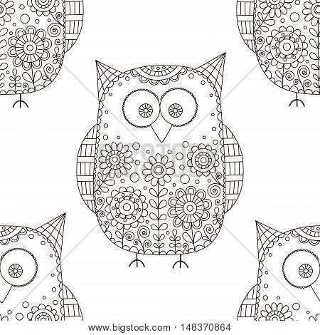 Seamless vector pattern with cartoon doodle owls. Cute birds with hand drawn floral ornament. Trible animal silhouettes on white background. Coloring page for children and adult.