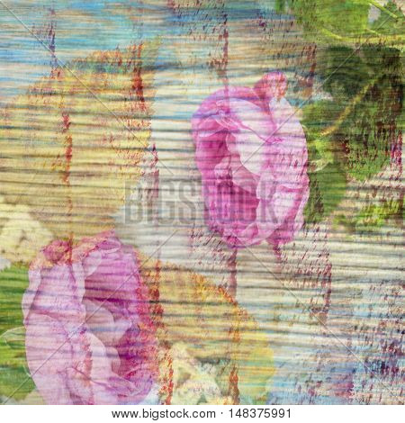Tragic crime dramatic bloody love story with wild roses and autumn leaves. Handmade collage in vintage style