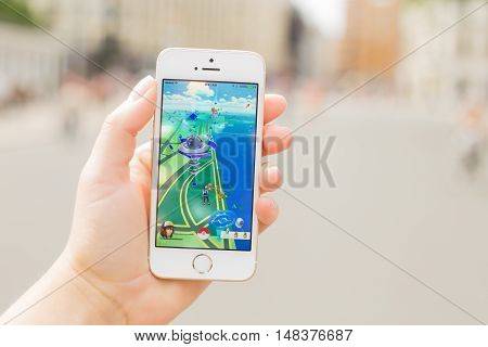 RIGA LATVIA - July 14 2016: Pokemon Go gameplay screenshot on the phone. Pokemon Go is a location-based augmented reality mobile game.