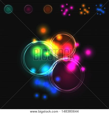 Abstract vector blurred colorful intersecting circles. Pink, blue and green luminescence light effect.