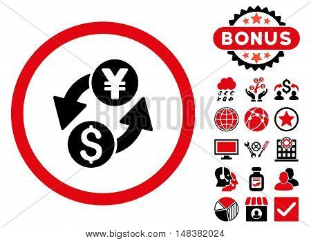 Dollar Yen Exchange icon with bonus pictogram. Vector illustration style is flat iconic bicolor symbols, intensive red and black colors, white background.