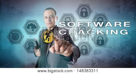 Hard-nosed cyber detective with kind but determined facial expression is investigating a SOFTWARE CRACKING incident. Cybercrime concept for hacking and copyright infringement of computer programs.