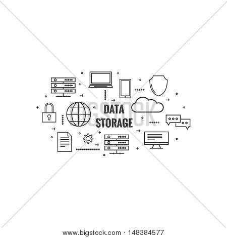 Network cloud computing. Web hosting and cloud technology. Database protection security. Global data transfer and storage  server. Communication technologies connecting different devices.