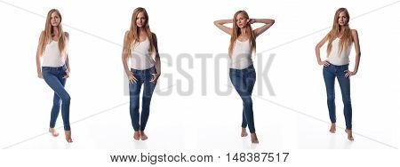 Young Pretty Long Haired Blonde Woman Posing In Casual Clothes On White Background In A Studio. Spri