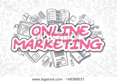 Online Marketing Doodle Illustration of Magenta Word and Stationery Surrounded by Cartoon Icons. Business Concept for Web Banners and Printed Materials.