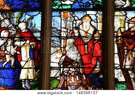 Buchy France - june 23 2016 : stained glass window in the Notre Dame church