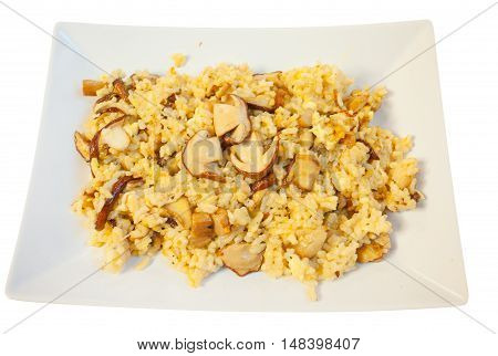 Hot Risotto With Mushrooms On White Plate On White Background