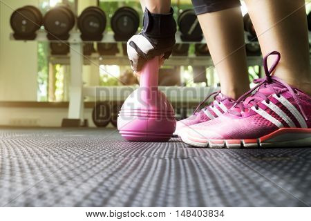 Woman Having Functional Fitness Training With Kettlebell In Sport Gym
