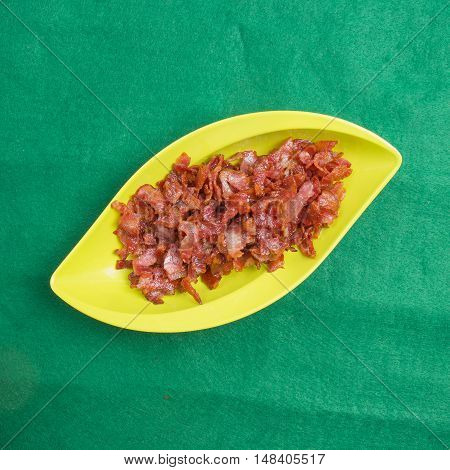 fried bacon on Plate / cooking Beaked spinach concept