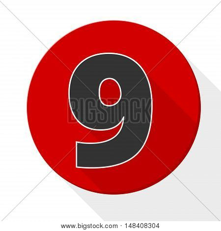 Red 9 flat icon button with long shadow