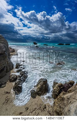 The famous Kathisma beach in Lefkada island Greece on a stormy day
