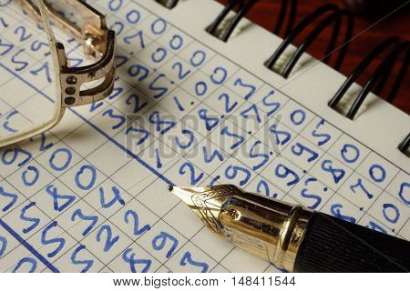 Open ledger book with figures. Bookkeeping concept.