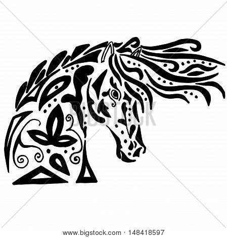 Black horse coloring or tattoo isolated on white background
