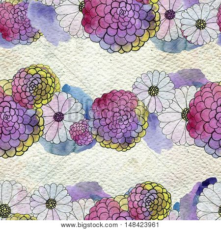 Seamless floral pattern with asters and daisy flowers. Floral watercolor background.