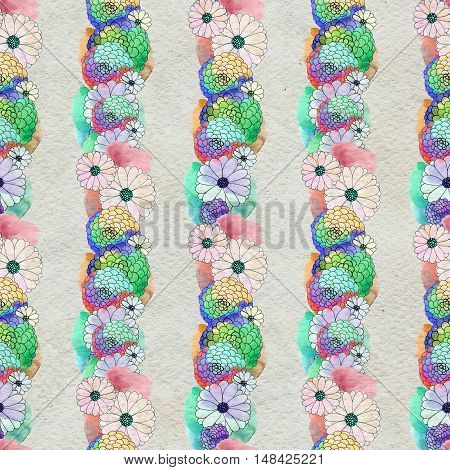 Seamless floral pattern with asters and daisy garlands of flowers. Floral watercolor background.