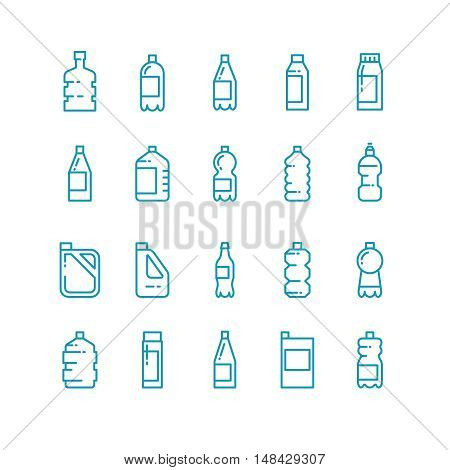 Plastic bottles line vector icons set. Container for beverage or milk, jerrycan in linear style for oil illustration