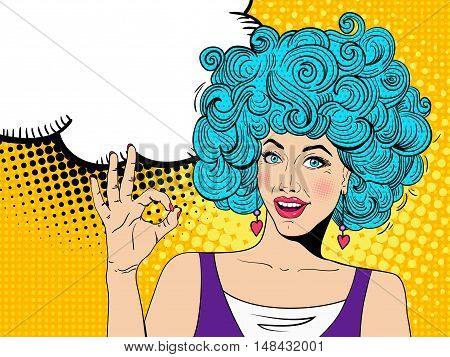 Young sexy happy surprised woman with open mouth shows OK sign and speech bubble. Vector colorful background in pop art retro comic style.