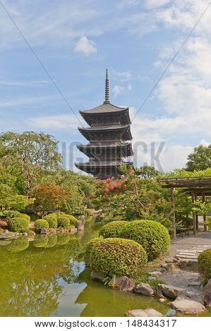 KYOTO JAPAN - JULY 23 2016: Five-story pagoda (Gojunoto circa 1644) of Toji Temple in Kyoto. The tallest wooden tower in Japan (54.8 m) symbol of Kyoto National Treasure and UNESCO site