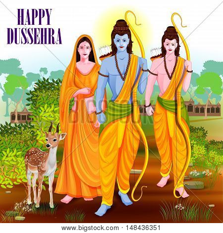 easy to edit vector illustration of Lord Rama Laxmana and Sita in Happy Dussehra background showing festival of India