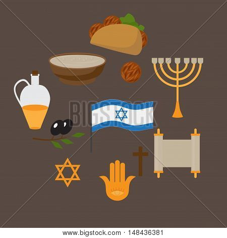 Set of jewish traditional symbols and food israel religios judaism objects in flat style. Jew culture. David star minora and anchovy. Falafel and hummus