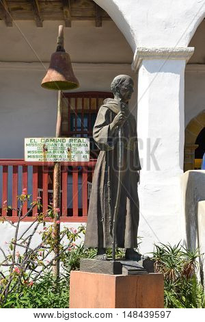 SANTA BARBARA, CALIFORNIA - SEPTEMBER 21, 2016: Junipero Serra Statue at Santa Barbara Mission. Serra was a Catholic friar of the Franciscan Order who founded the first nine of 21 California missions.