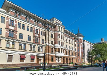 Moscow, Russia -May 14.2016. Luxury residential building in Lavroushinsky lane summer day