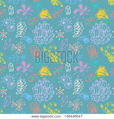 Colorful abstract hand drawn fantasy seamless pattern with different original shapes: arrows, minerals, triangles, prism, curls. Geometrical abstract background. Vector illustration.