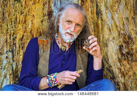 Good looking elderly man dressed in hippie style having rest leaned against very old damaged pine tree holding twig and pine cone