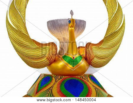 PATHUM THANI, THAILAND - DECEMBER 31, 2012: Golden Peakock statue in dinning room of Dhammakaya Meditation Center in Pathum Thani, Thailand.