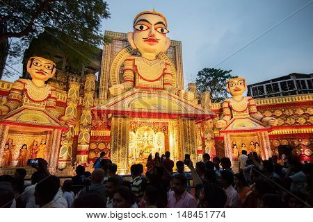 KOLKATA INDIA - OCTOBER 21 2015 : Beautiful exterior of decorated Durga Puja pandal at Kolkata West Bengal India. Durga Puja is biggest religious festival of Hinduism.