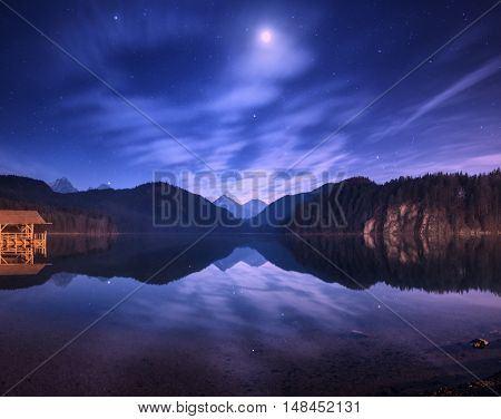 Night In Alpsee Lake In Germany. Colorful Night Landscape