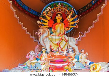 KOLKATA INDIA - OCTOBER 21 2015 : Beautiful interior of decorated Durga Puja pandal at Kolkata West Bengal India. Durga Puja is biggest religious festival of Hinduism.