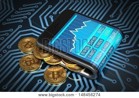 Concept Of Digital Wallet And Gold Bitcoins On Printed Circuit Board. Bitcoins Spill Out Of The Curved Smartphone. 3D Illustration.