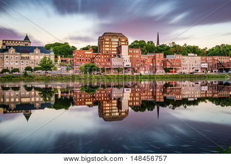 Augusta, Maine, USA downtown skyline on the Kennebec River.