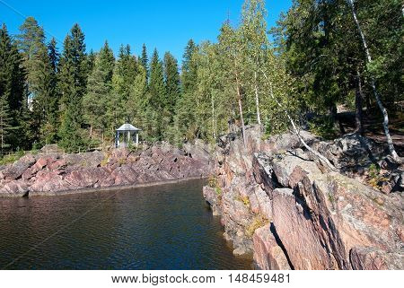 Imatra. Finland. Pavilion on the bank of The Vuoksi River. On the right side is Kruununpuisto Park.