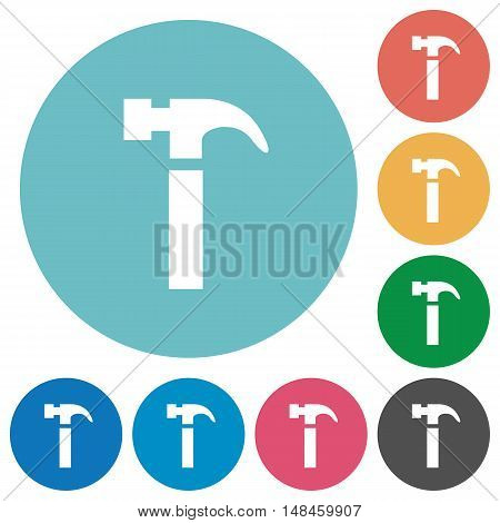 Flat hammer icon set on round color background.